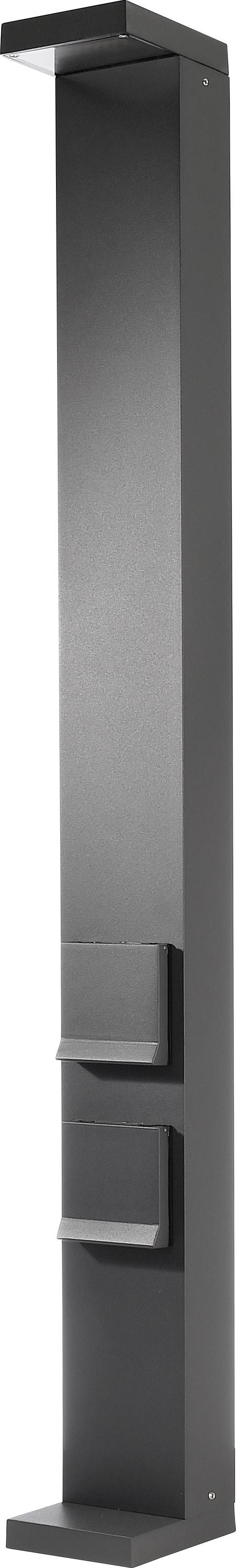 Zwarte, rechthoekige metalen standaard met meerdere schapruimtes, waarschijnlijk bedoeld voor presentatie of opslag van voorwerpen.