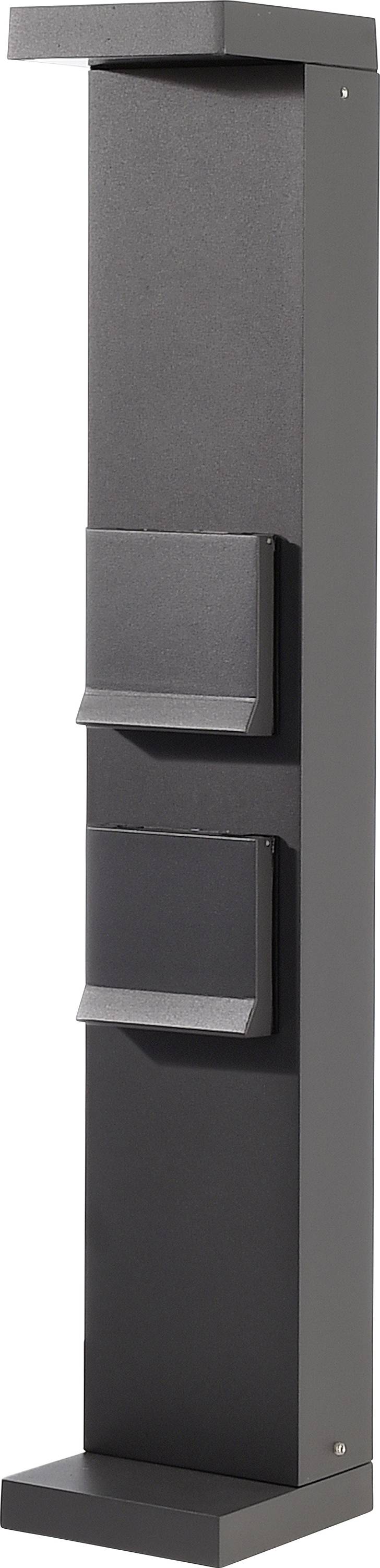 Een zwarte, vrijstaande folderstandaard met drie plateaus. Geschikt voor het presenteren van informatieve materialen of brochures.