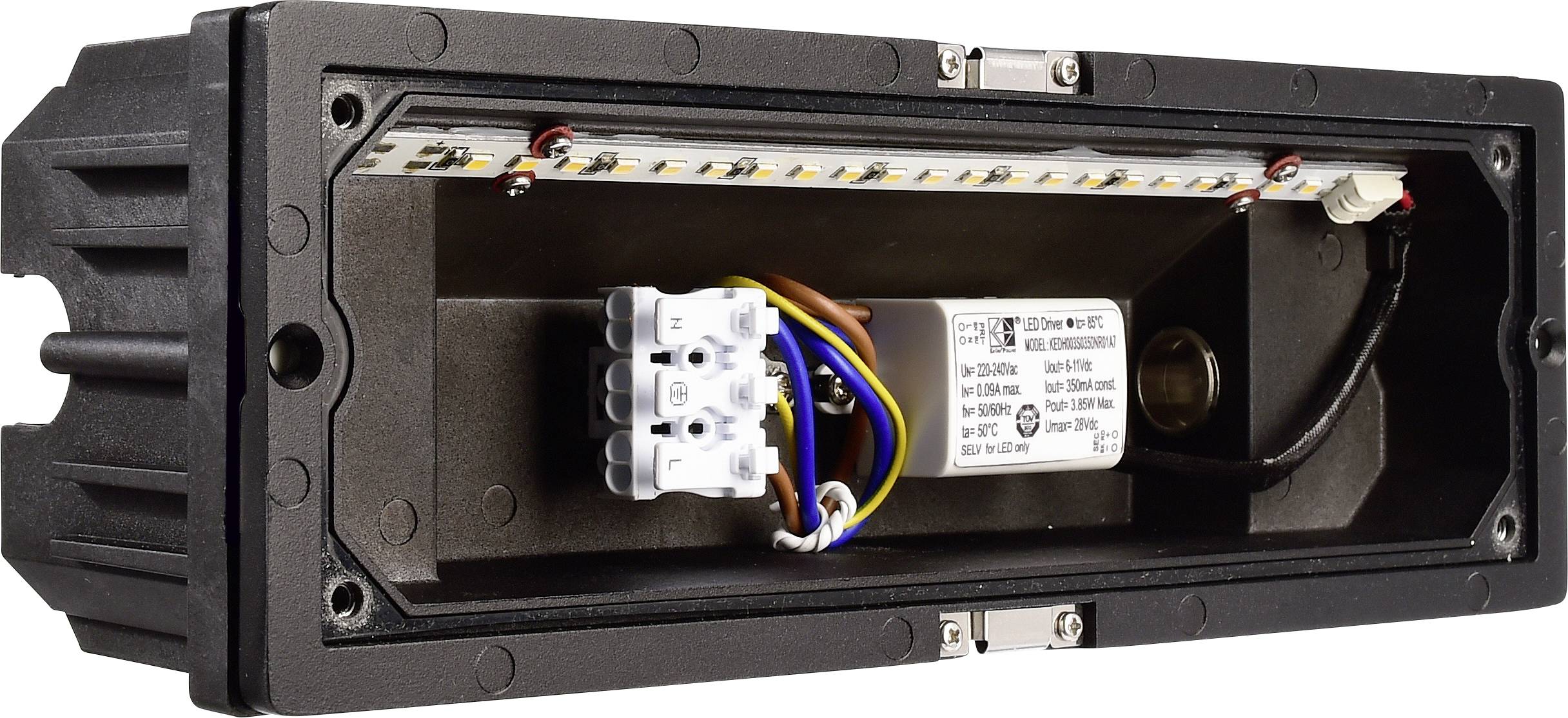 Elektrisch onderdeel met LED-strip en kabelaansluitingen, gemonteerd in een rechthoekige behuizing.