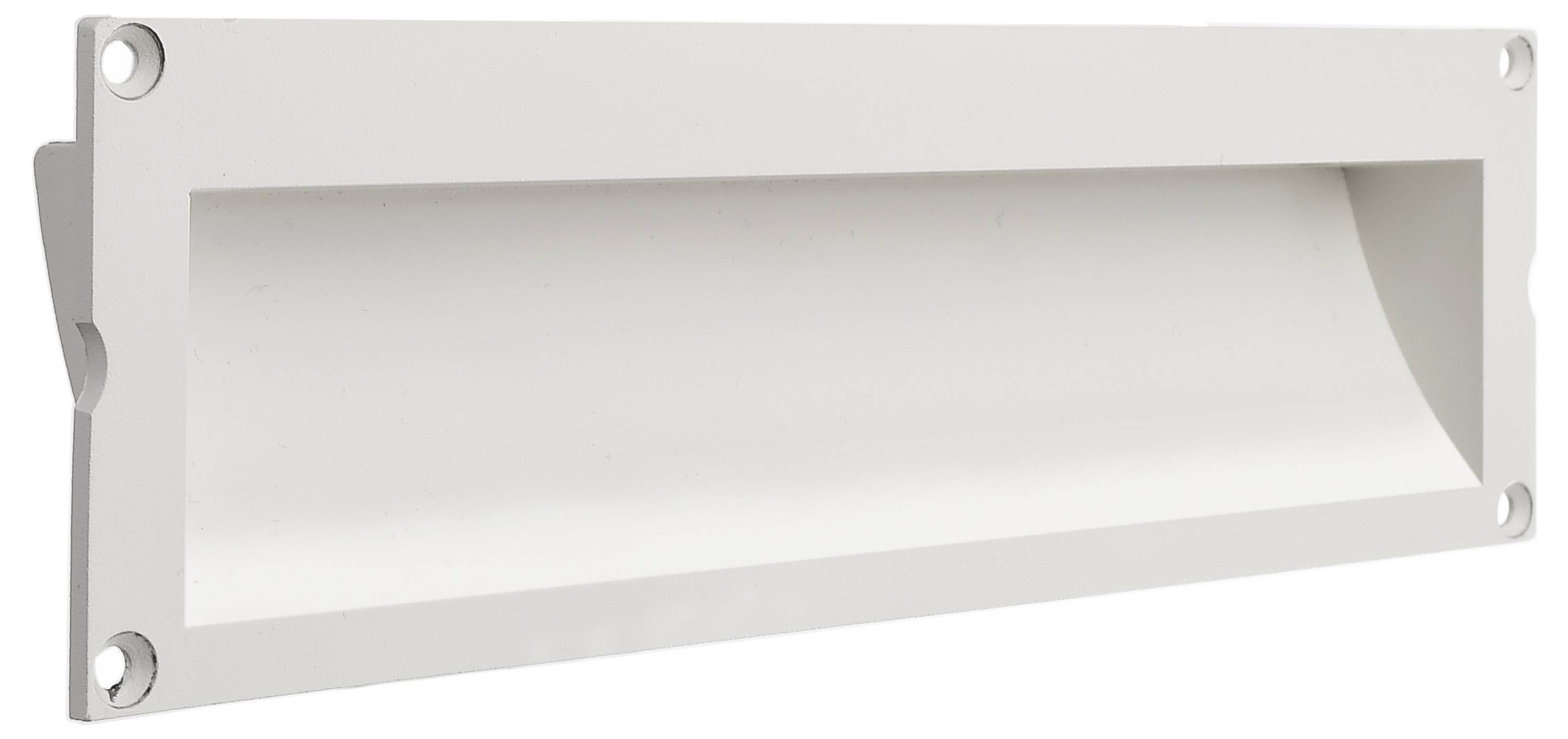 Witte rechthoekige muurventilatieopening met schroefgaten in de hoeken.
