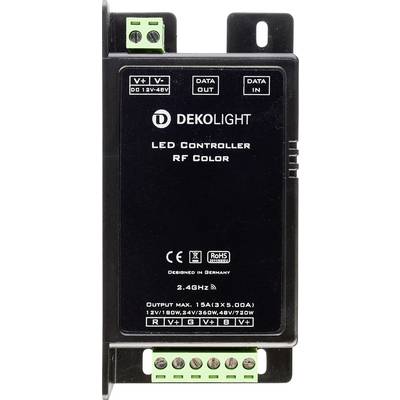 'DEKOLIGHT LED-controller RF Color', zwart apparaat voor het besturen van LED-verlichting, met aansluitklemmen en technische specificaties.