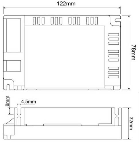 Diagram toont de zij- en vooraanzicht van een rechthoekige behuizing met afmetingen van 122 mm x 78 mm x 32 mm; 8 mm dikte.