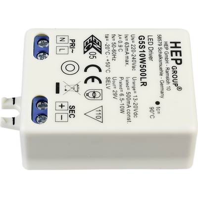 Stuurmodule van HEP Group, Model G5S10W500LR, 10W vermogen, Ingang 12-20V DC, Uitgang 5W 10V, Beschermingsklasse SELV, vervaardigd in Duitsland.