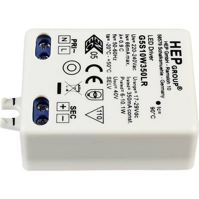 'HEP Group LED-driver, Model G55/10W350LR, Ingang 220-240V AC, Uitgang 17-29V DC, max. 350mA, IP 20, geschikt voor binnenruimtes.'