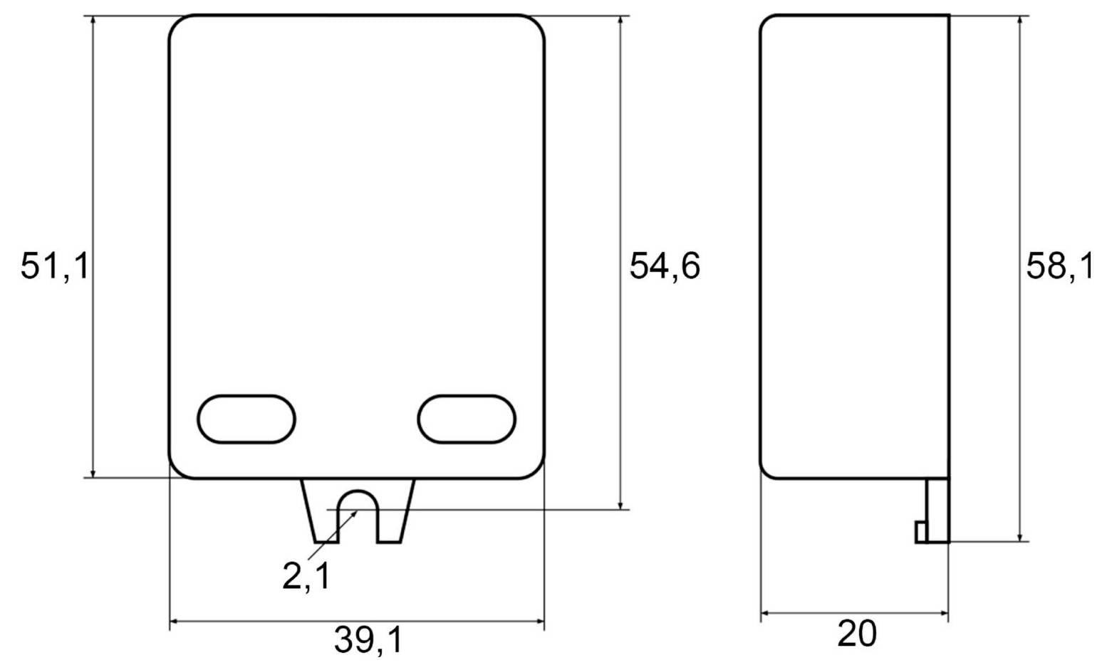 Technische tekening van een rechthoekig apparaat in vooraanzicht en zijaanzicht, met de maten 51,1, 54,6, 58,1, 39,1, 20 en 2,1.