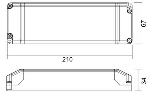 Technische tekening van een rechthoekige behuizing met de afmetingen: lengte 210 mm, hoogte 67 mm, breedte 34 mm.