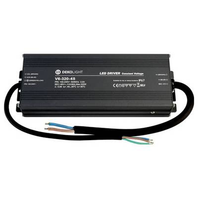 LED-stuurapparaat met opschrift 'DEKOLIGHT, V6-320-48'. Zwarte behuizing, vier gekleurde kabeluiteinden aan één zijde.