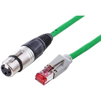 'Een groen kabel met een XLR-connector links en een RJ45-connector rechts, toont een audio- en netwerkverbinding in één kabel.'