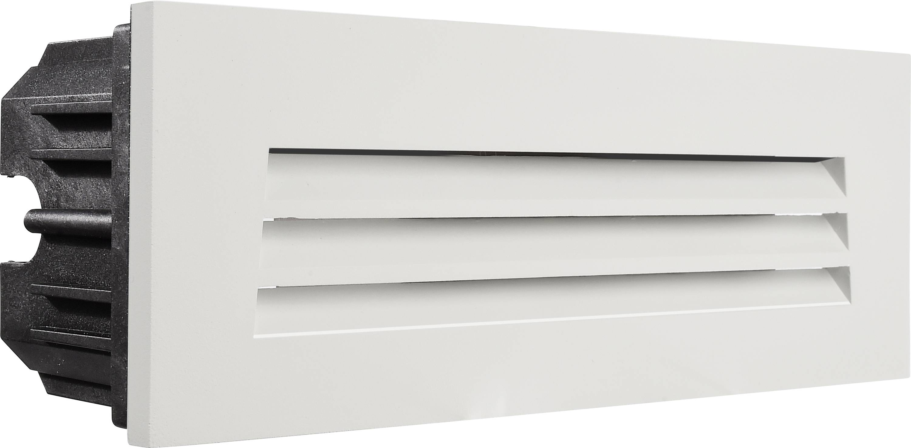 Een wit ventilatierooster met horizontale lamellen, gemonteerd op een zwarte basis. Geschikt voor inbouw in muren of meubels.