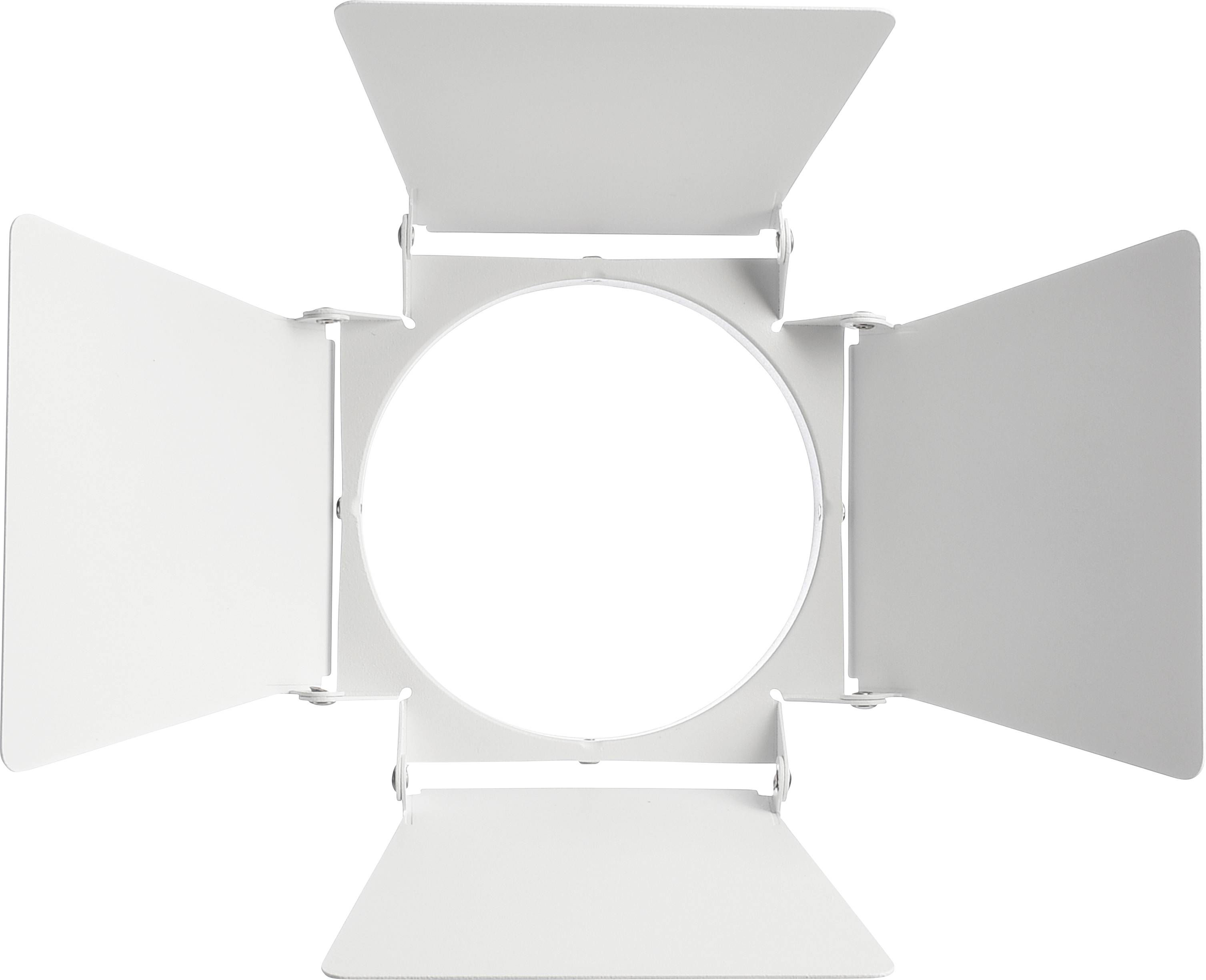 Een cirkelvormige, witte lichtbron met vier verstelbare kleppen voor het regelen van de lichtverspreiding in alle richtingen.