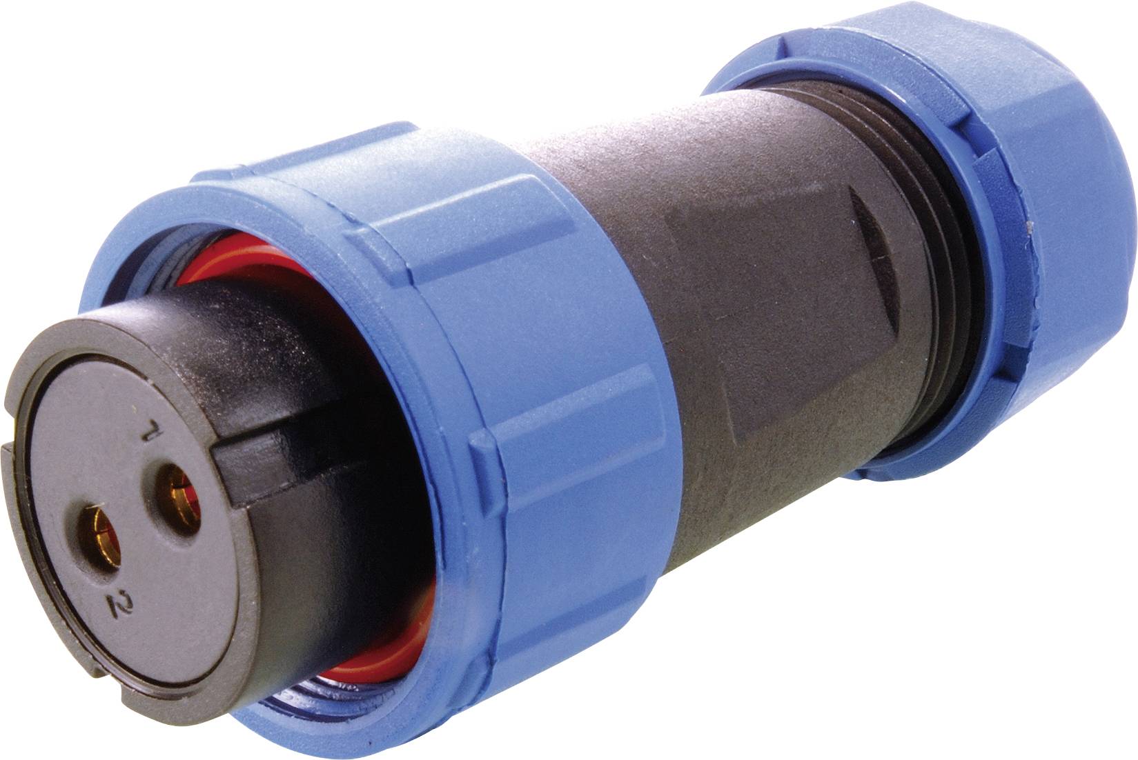 Een blauwe kunststof connector met schroefverbinding die twee elektrische contacten in een zwarte behuizing omsluit, gezien van opzij.