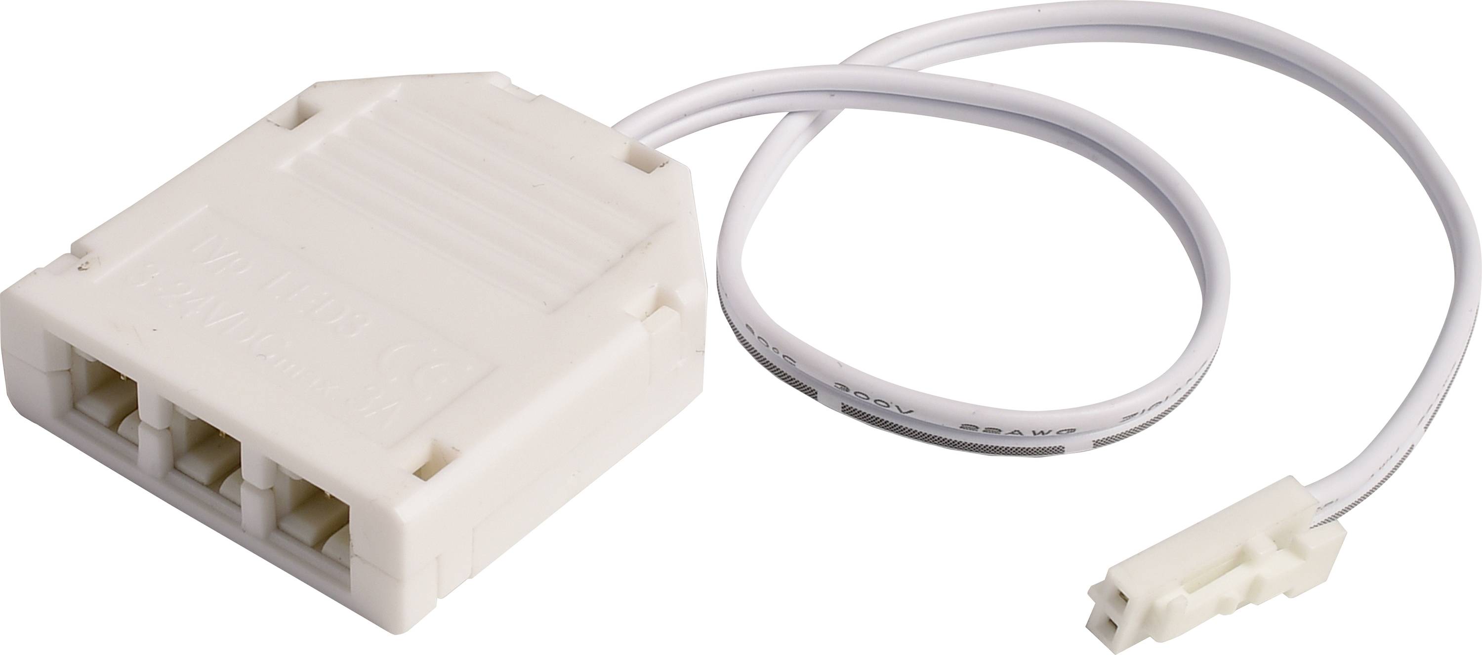 Een witte, rechthoekige elektrische stekker met drie aansluitbussen en een kabel. Geschikt voor elektronische verbindingen.