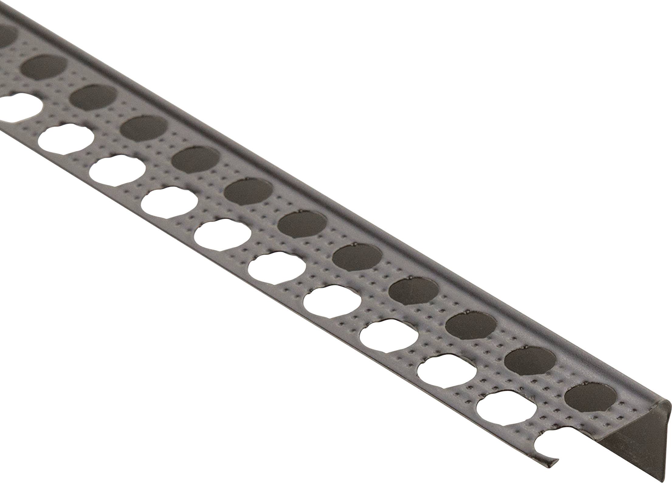 Metalen rail met ronde gaten langs de lengterichting. Deze wordt gebruikt voor versterking of randafdekking in bouw- of meubelatoepassingen.