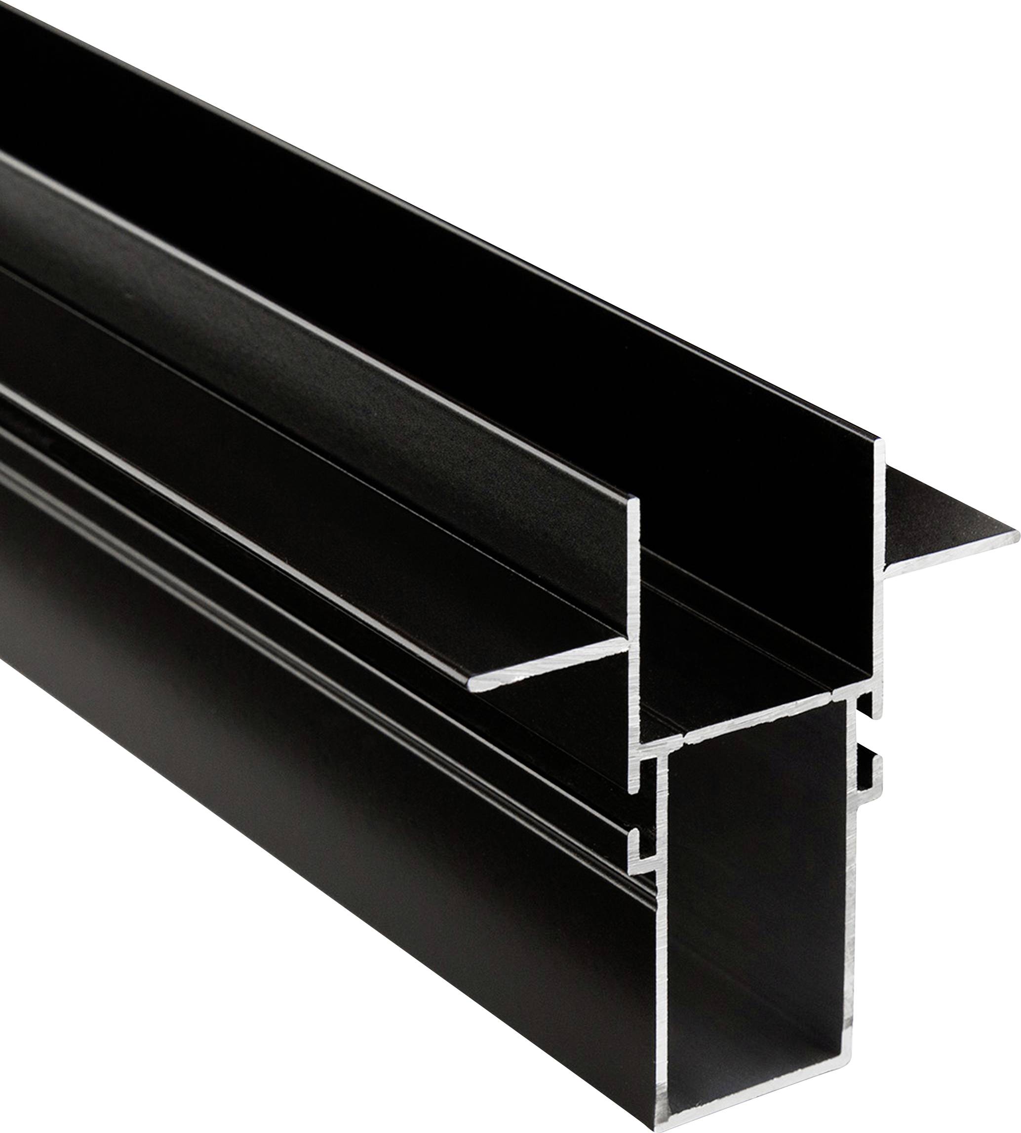 Zwart aluminiumprofiel in zijaanzicht, toont gedetailleerde randen en de complexe vorm van de constructie.