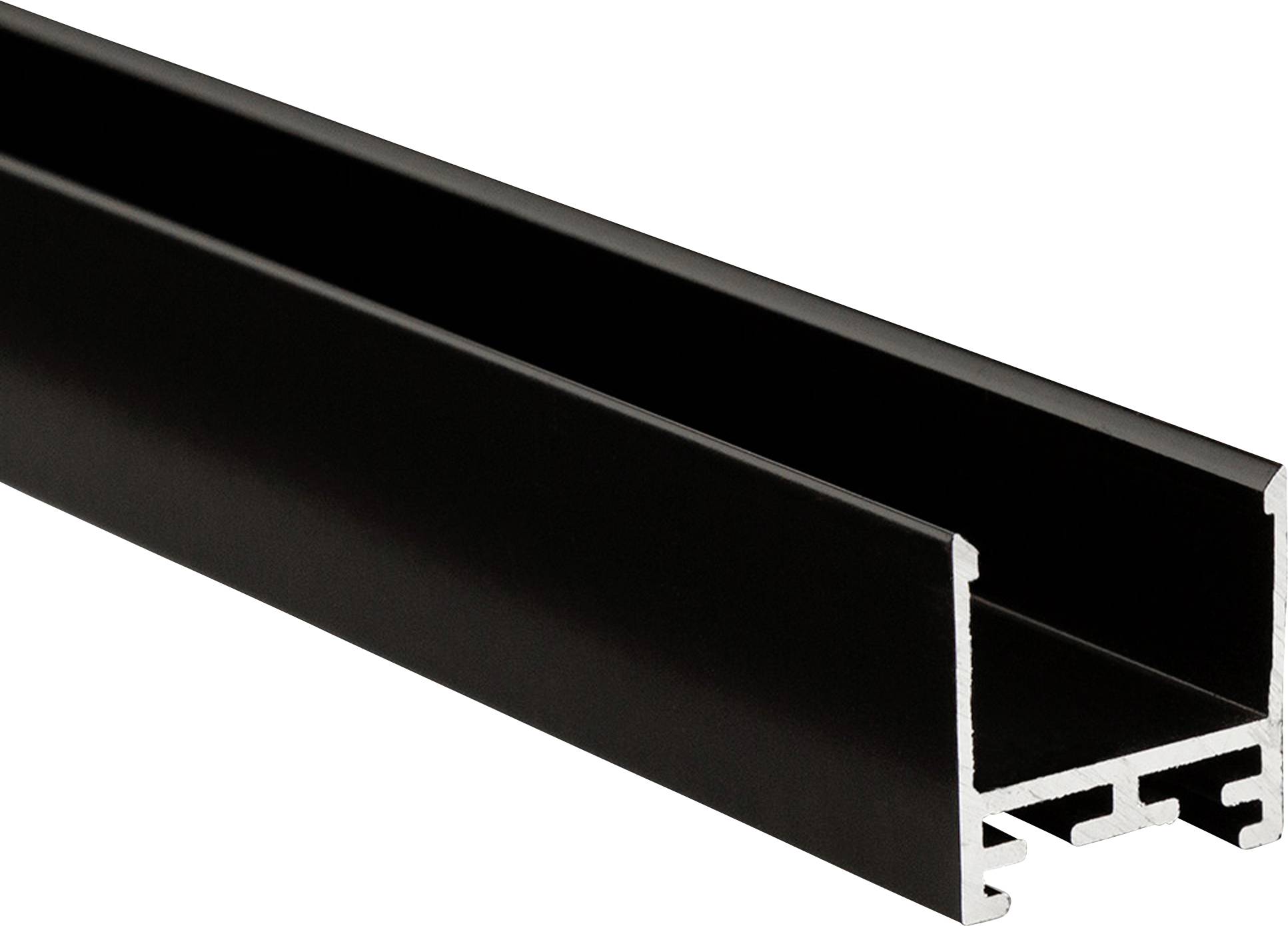 Een zwart aluminiumprofiel met U-vormige doorsnede, geschikt voor LED-strip montage in binnenruimtes.