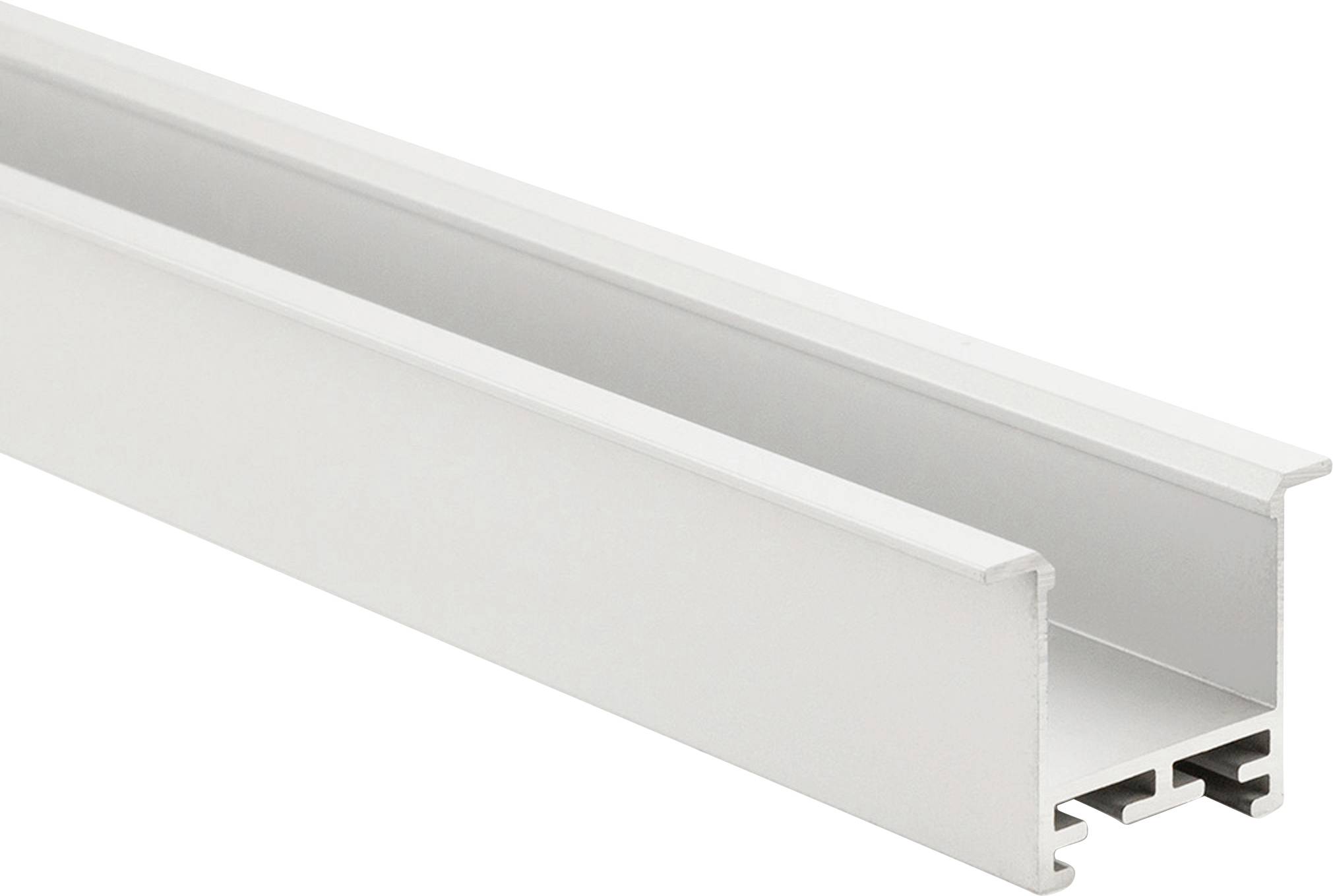 Aluminium U-profiel, geschikt voor het bevestigen van LED-strips, met een gladde, zilveren afwerking.