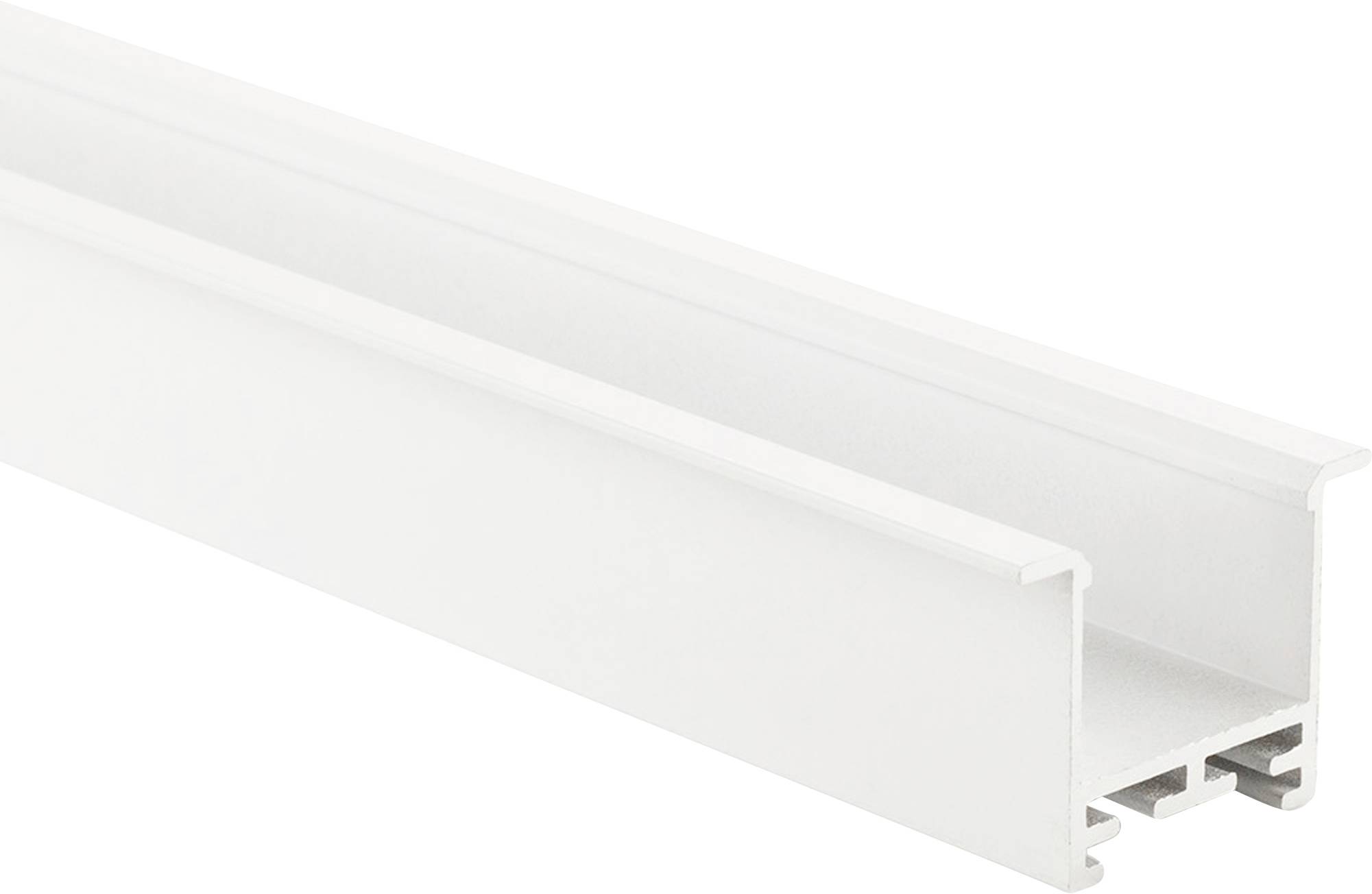 Aluminiumprofiel in het wit, rechthoekige vorm, geopend aan één lengterichting. Geschikt voor montage van LED-strips.