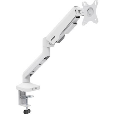 Verstelbare metalen monitorarm met tafelklem, geschikt voor VESA-compatibele beeldschermen.