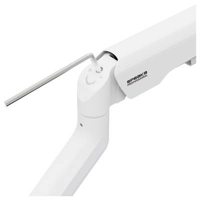 Een witte, verstelbare microfoonarm met een moersleutel die wordt gebruikt voor bevestiging.