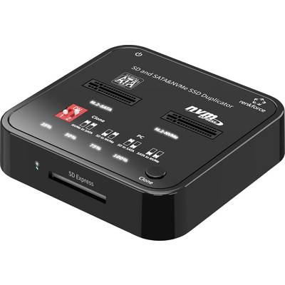 'SD en SATA/NVMe SSD-duplicator' toont een zwart apparaat met SD- en harde schijfsleuven voor gegevenkloonherhaling.