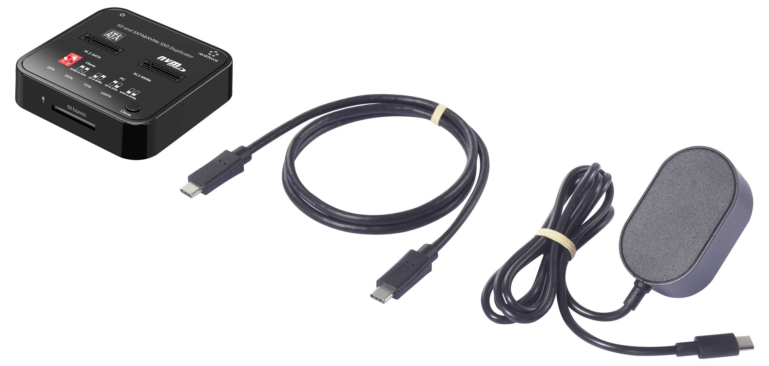 Dockingstation met meerdere USB-poorten, USB-C-kabel en netvoedingsadapter