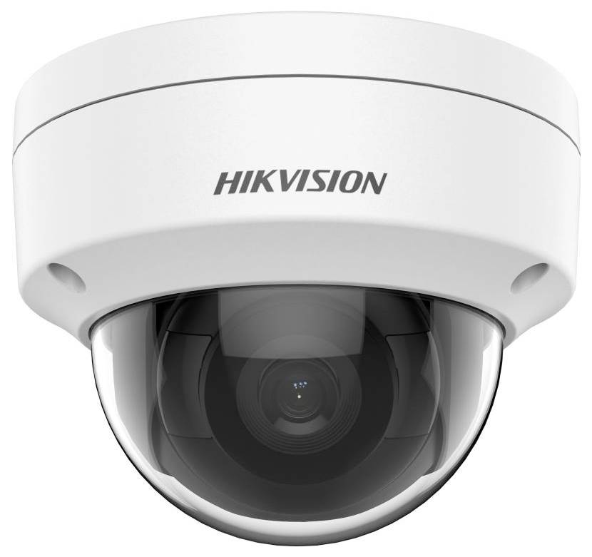 Een witte bewakingscamera met een gebogen glas, merknaam 'Hikvision' zichtbaar.