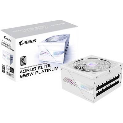 Witte ATX-voedingsbehuizing en voedingsmodule met logo 'AORUS ELITE 850W PLATINUM'. Voeding toont de tekst '80 PLUS PLATINUM'.