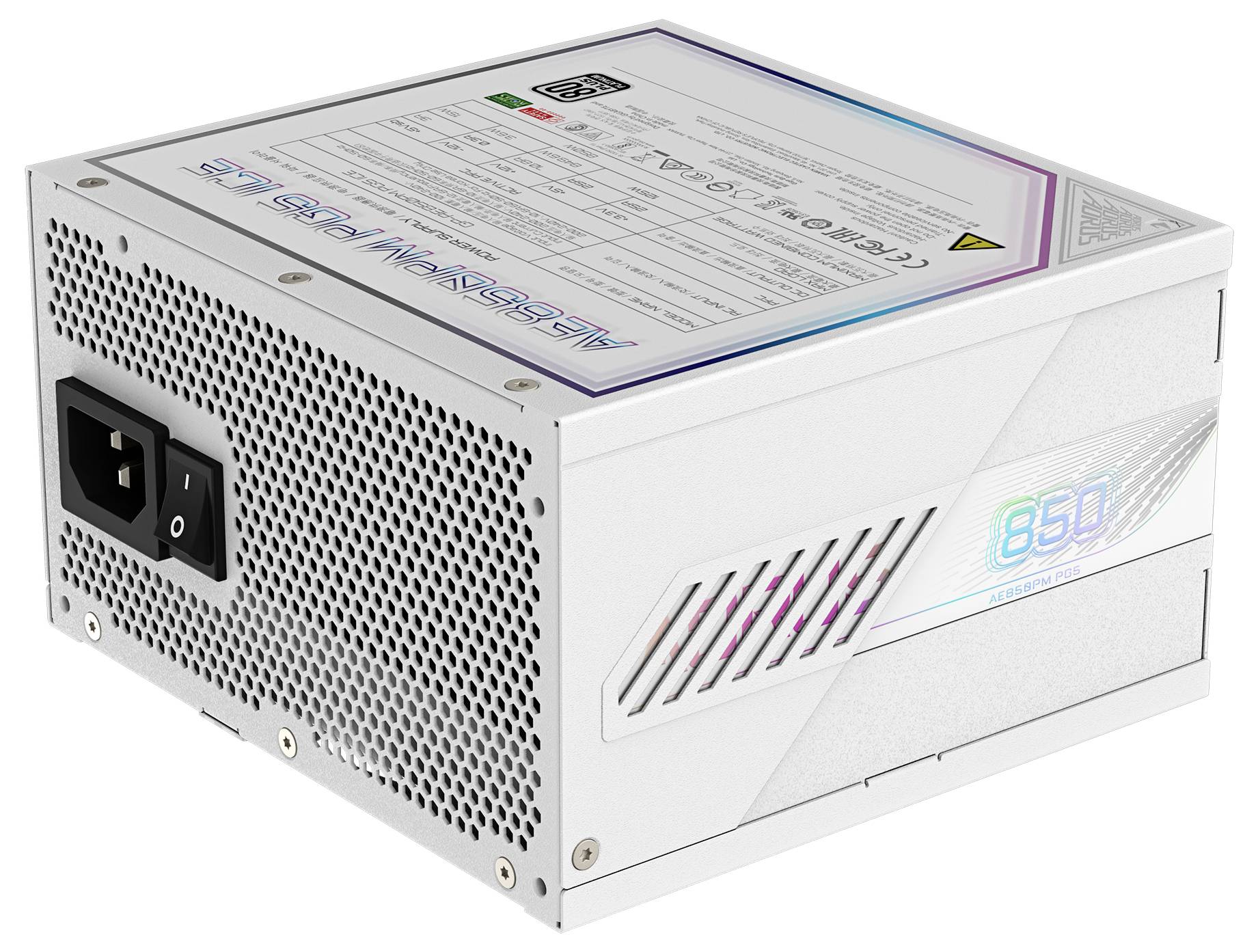 Witte computervoedingsdoos met ventilatierooster, schakelaar en vermogensaanduidingen bovenop. Tekst: '850 W'.