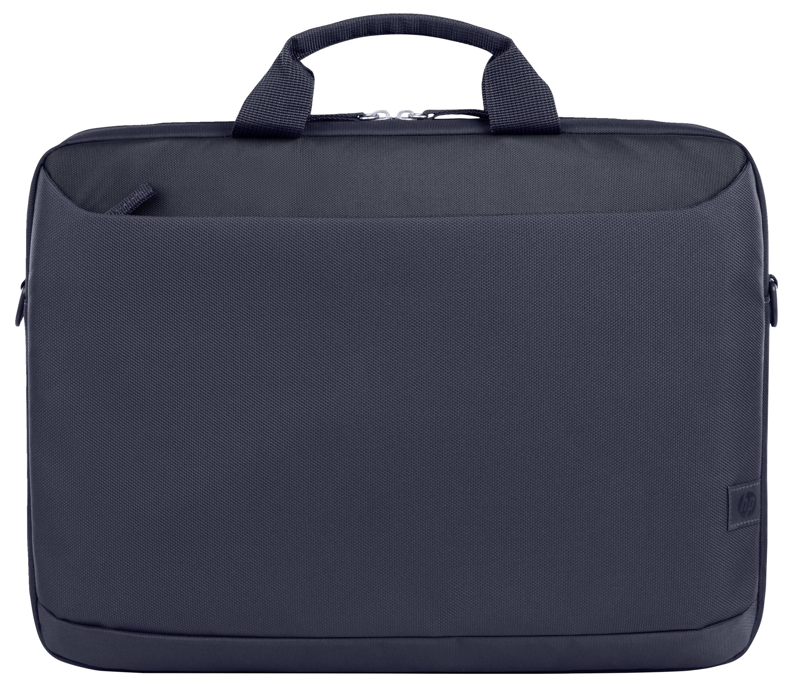 Zwarte laptoptas met twee korte handgrepen en een rits aan de bovenkant, strak ontwerp.