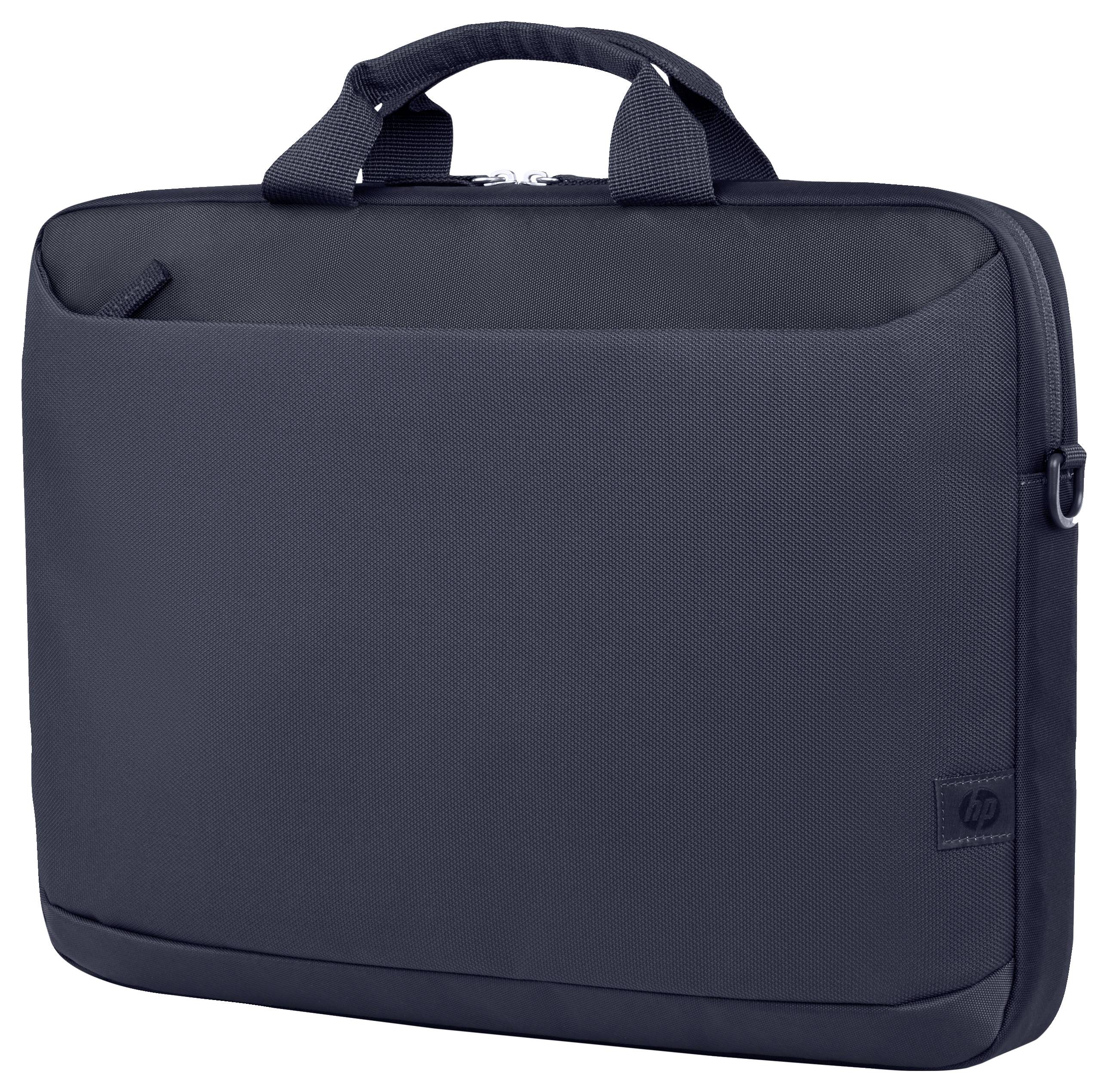 Een zwarte laptoptas met handgreep en HP-logo, eenvoudig ontwerp.