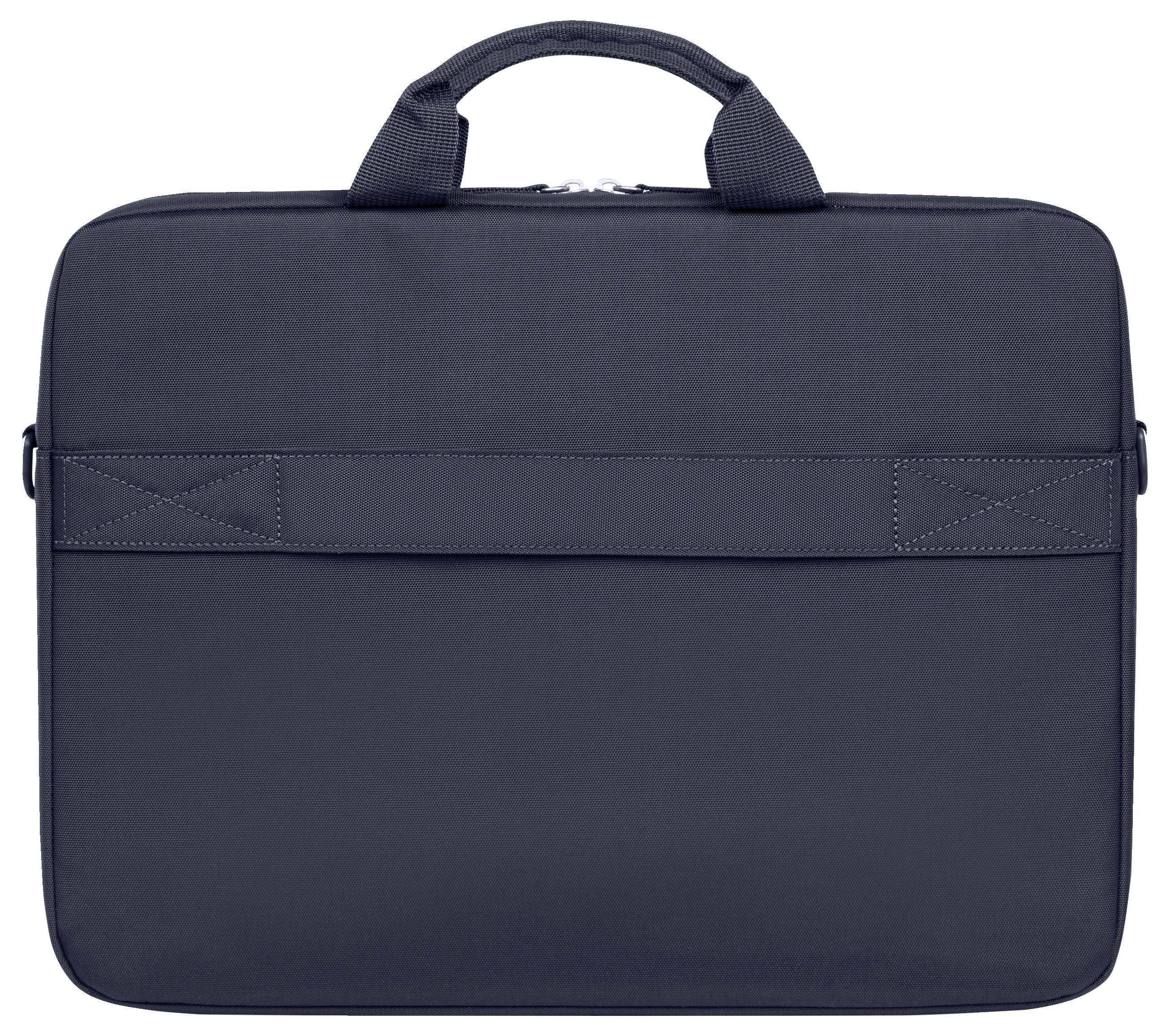 Zwarte laptoptas met twee handgrepen en rits, geschikt voor het veilig vervoeren van een laptop.