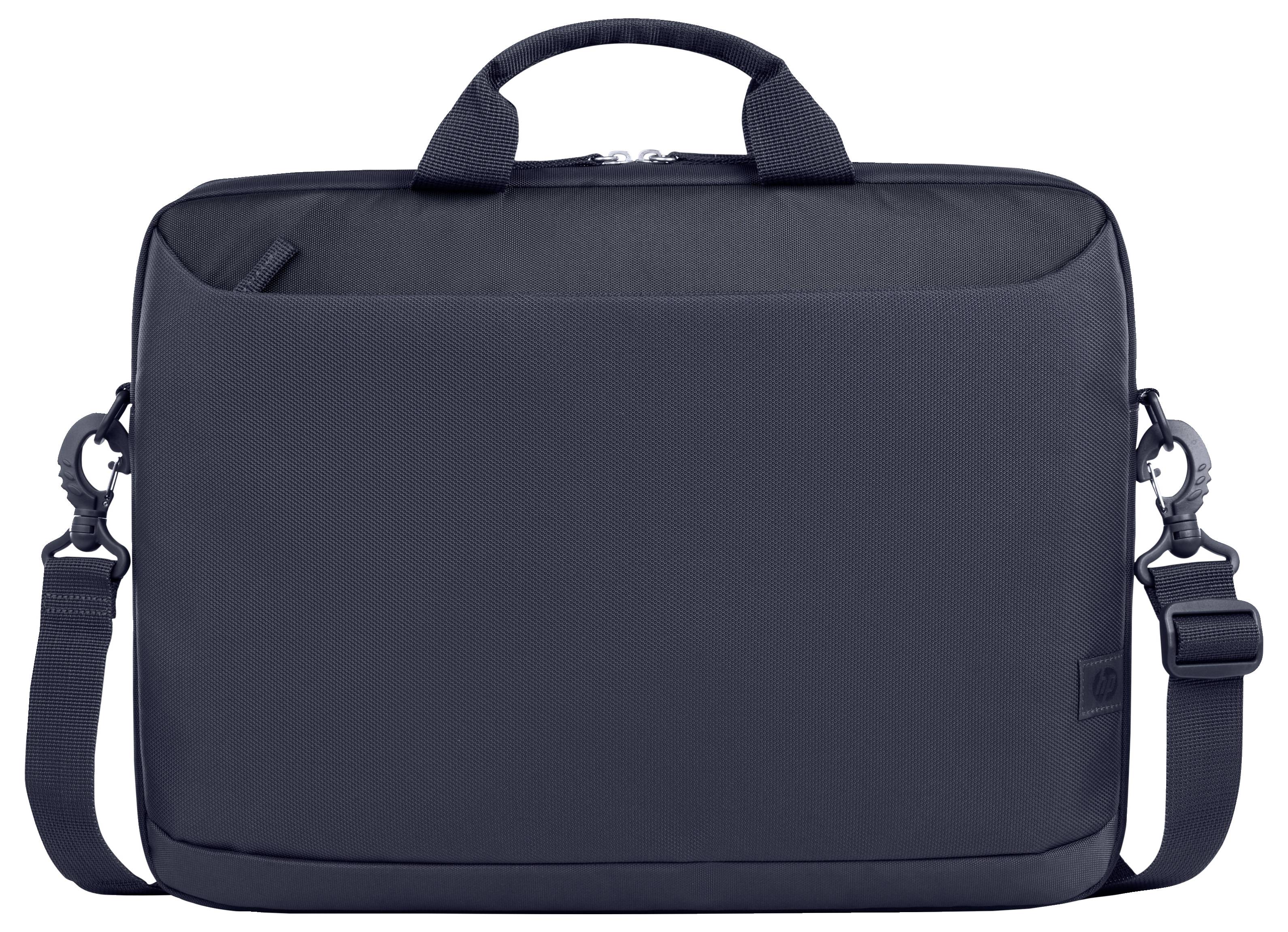 Een zwarte laptoptas met handgreep en afneembare schouderband, geschikt voor het veilig vervoeren van laptops en toebehoren.