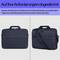 Donkere laptoptas met afneembare schouderband en sleutelhanger, geschikt voor reizen met trolley-riem.