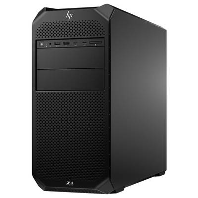 Een zwarte desktop-computer met HP-logo bovenaan, meerdere USB-poorten en ventilatierooster aan de voorkant.