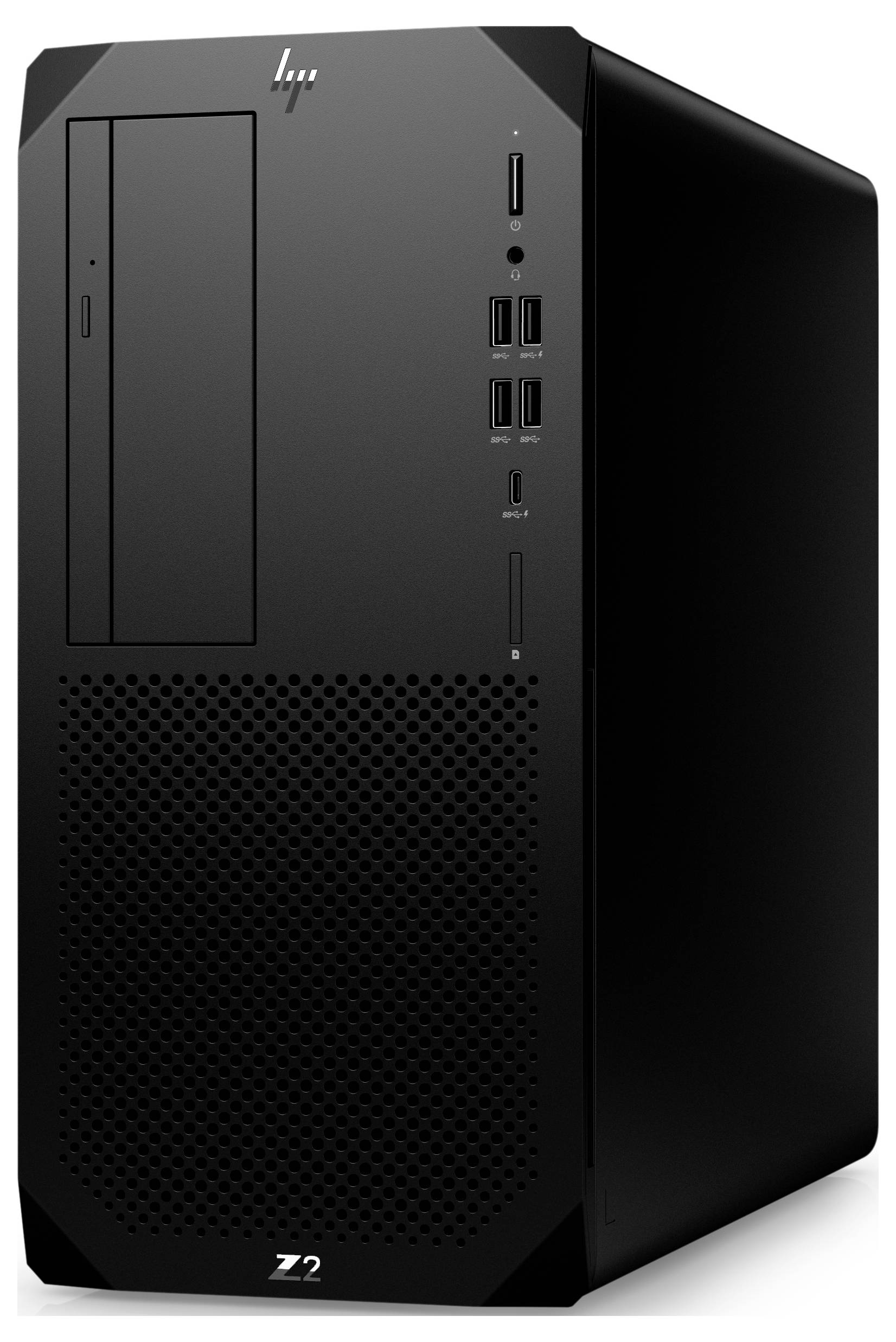 Een zwart desktop computerbehuizing met meerdere USB-poorten aan de voorkant en een optische drive-sleuf bovenaan.