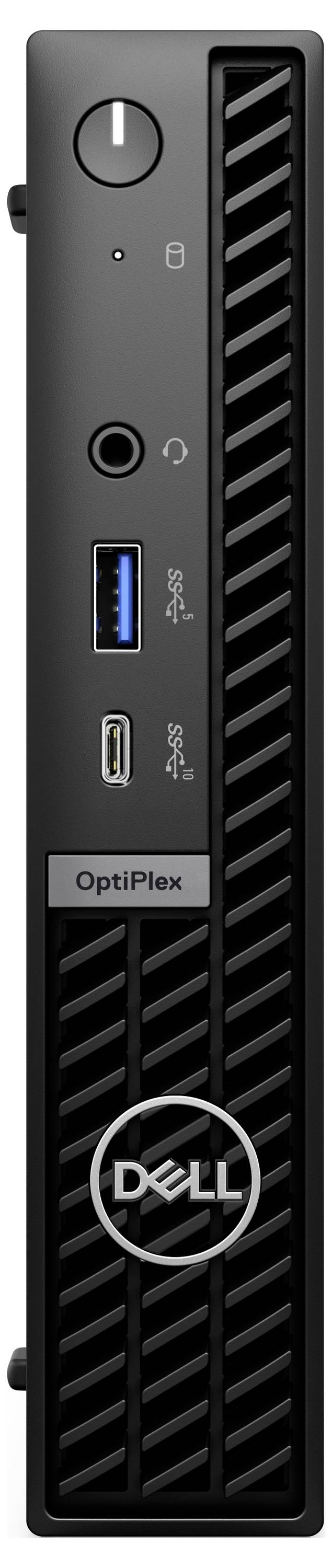 Een Dell OptiPlex desktop-pc in verticale positie. Zichtbaar zijn de aan-uitknop, USB-poorten en audioaansluitingen.