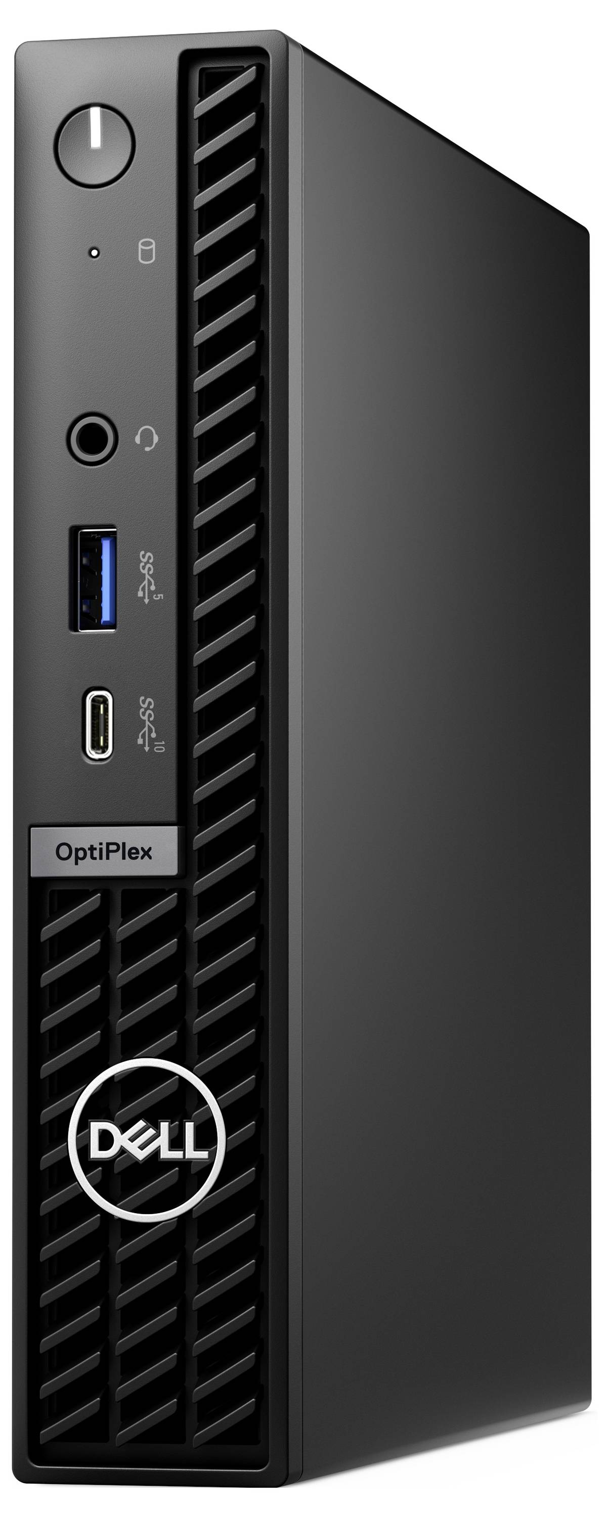 Een zwarte Dell OptiPlex mini-pc, compact en verticaal gepositioneerd, toont voorpaneelaansluitingen en merklogo.