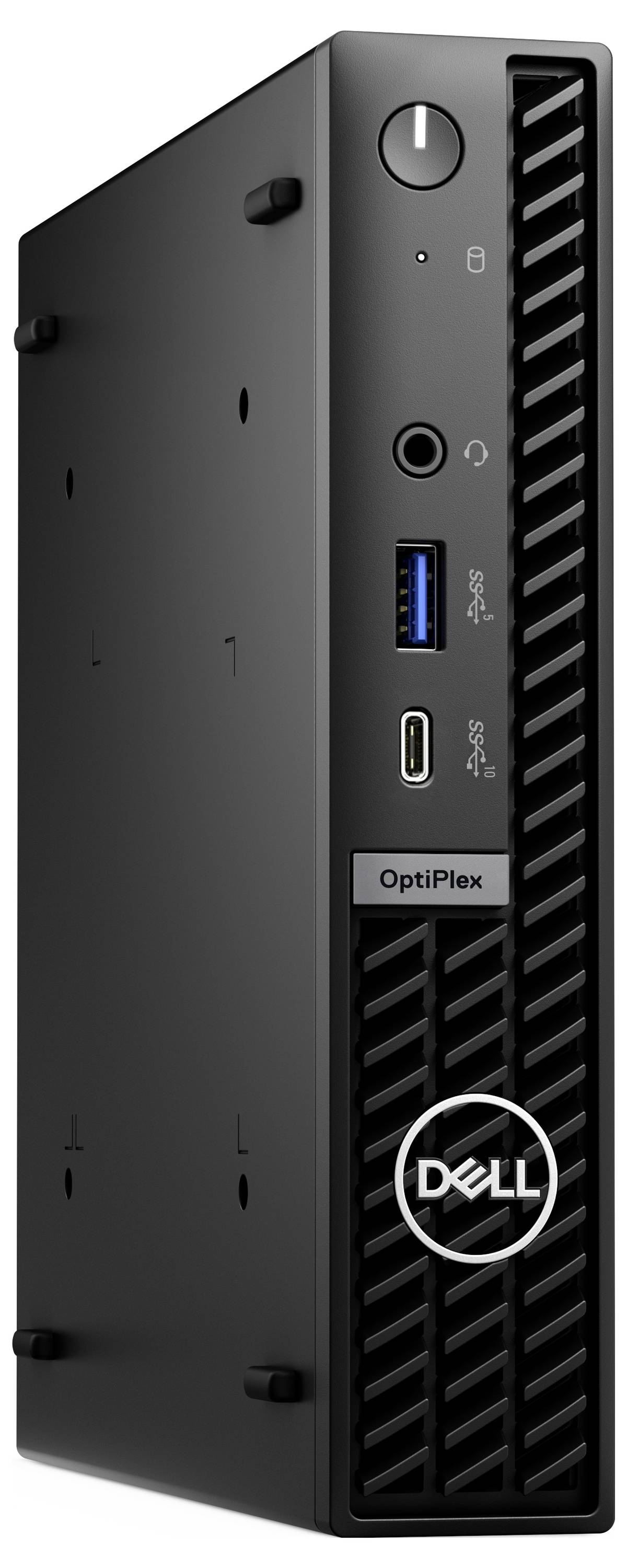 Een zwarte Dell OptiPlex mini-pc met ventilatierooster, USB-poorten en het Dell-logo aan de voorkant.