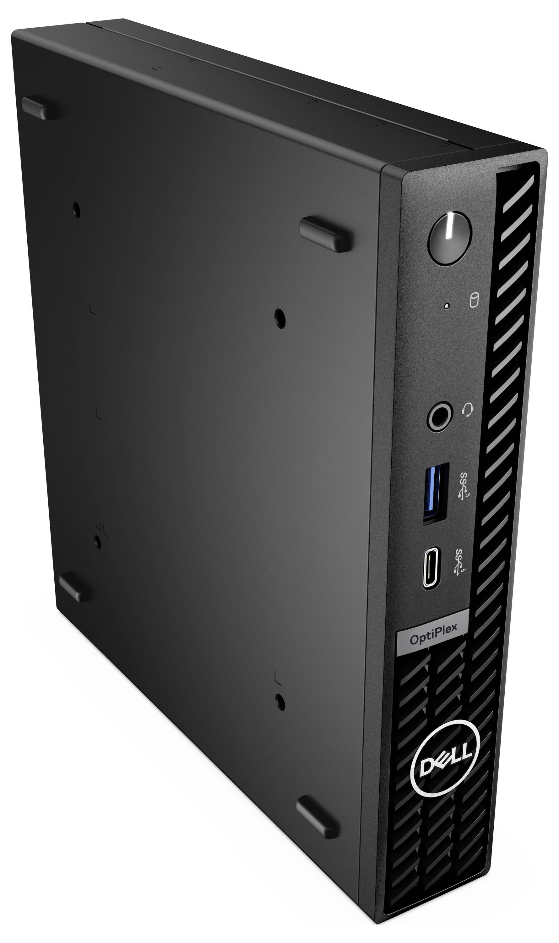 Een zwarte Dell OptiPlex mini-pc met ventilatiesleuven aan de voorkant, USB-poorten, koptelefoonaansluiting en aan/uit-knop.