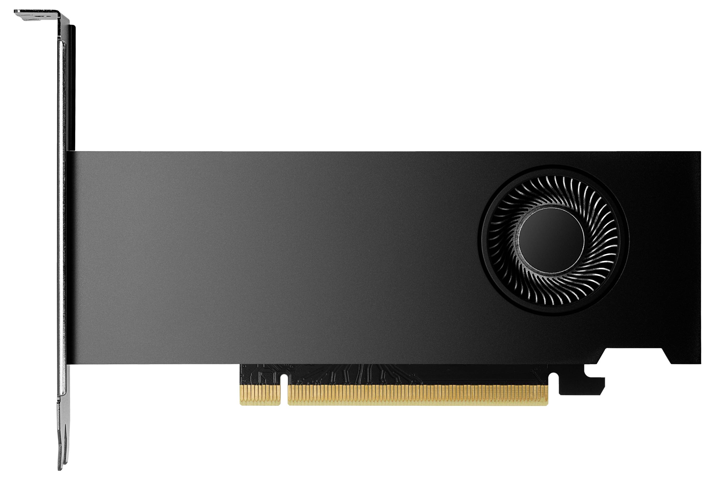 Een zwarte grafische processor met een ventilator aan de rechterkant en een gouden PCIe-aansluiting aan de onderkant.