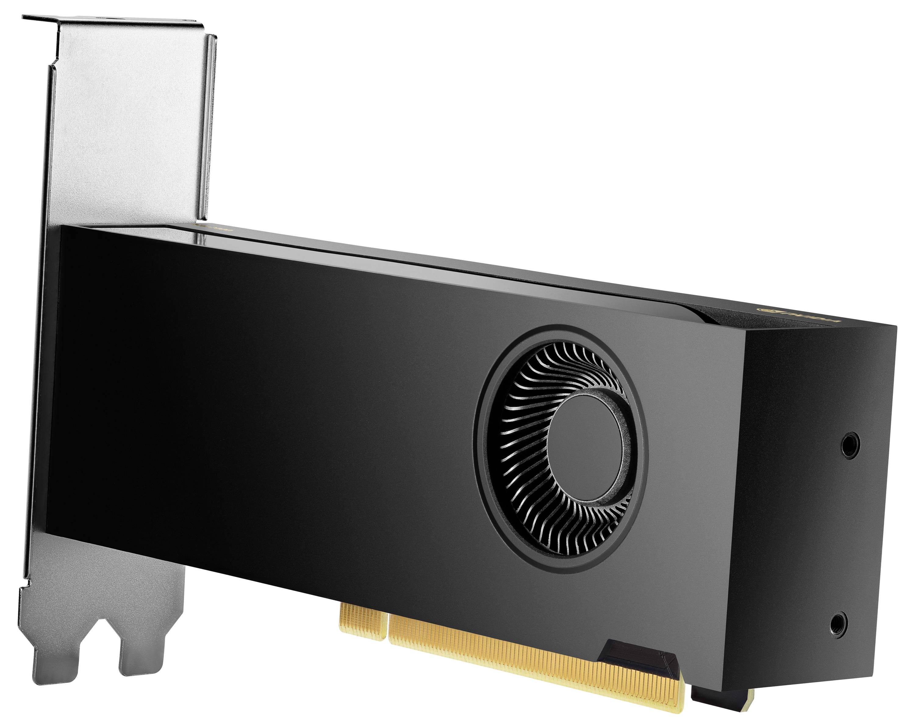 Zwarte grafische kaart met ventilator en PCIe-interface, geschikt voor desktopcomputers. Compact ontwerp voor ruimtebesparende installatie.