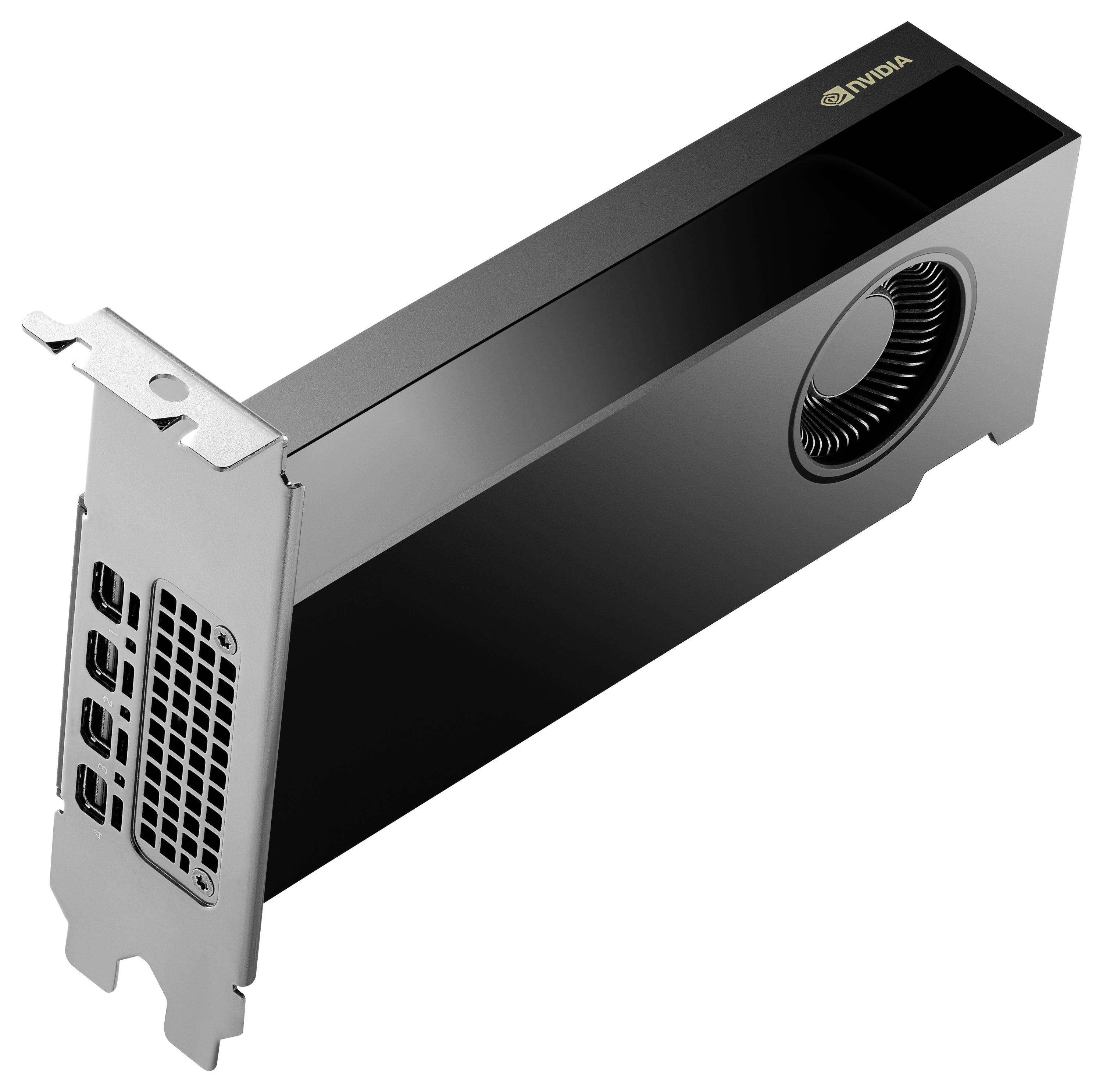 Zwarte NVIDIA-videokaart met ventilator aan de zijkant en meerdere aansluitingen aan de linkerkant.