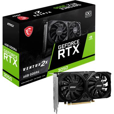 MSI GeForce RTX 3050 Ventus 2X grafische kaart met verpakking op de achtergrond. Opschrift: "6GB GDDR6, OC Edition".