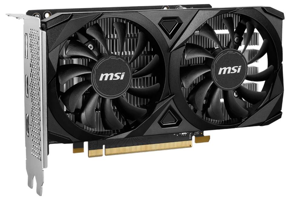 Zwarte videokaart met twee grote ventilatoren en een aansluiting aan de zijkant. Merknaam 'msi' in het midden van beide ventilatoren.