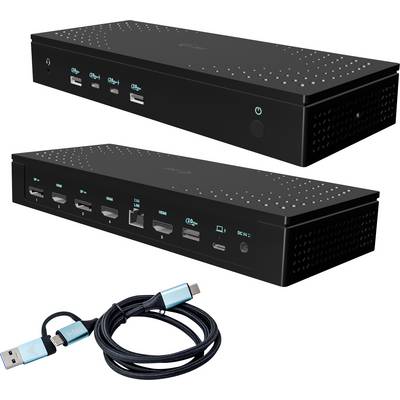 Een zwarte USB-C docking-station met meerdere aansluitingen, waaronder USB 3.0, HDMI, Ethernet en een USB-C-kabel. Ideaal voor apparaataansluitingen.