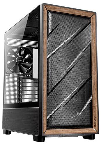 Gaming-pc-behuizing met rasterfront en houten accenten, transparante zijwand van glas, ingebouwde ventilator en meerdere uitbreidingssleuven.