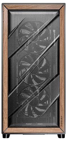 Gaming-pc-behuizing met transparant rasterfront paneel, toont drie ventilatoren. Houten frame en mesh voor luchtstroom.