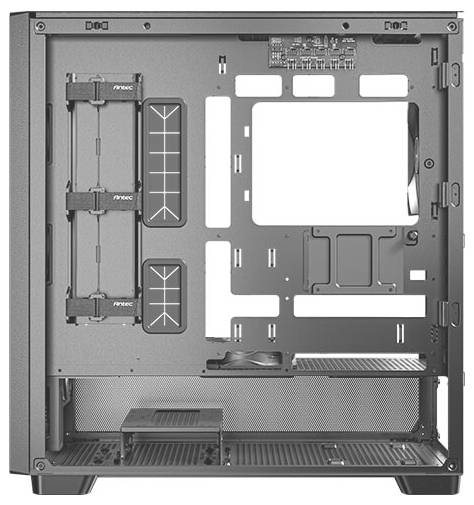 Binnenaanzicht van een leeg pc-behuizing met meerdere montagegleufjes, kabelgeleiding-openingen en opslagvakken voor hardwareinstallatie.