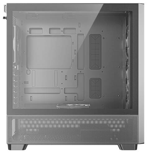 Een zilverkleurige pc-behuizing met een transparant zijraam, toont vrije plaatsen voor componenten, met ventilatierooster onderaan.