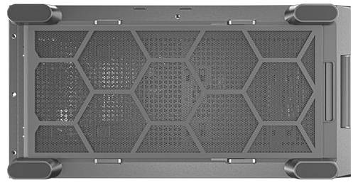 Grijze metalen computerbehuizing close-up. Zeshoekig roosterontwerp met vier zwarte voeten zichtbaar in de hoeken.